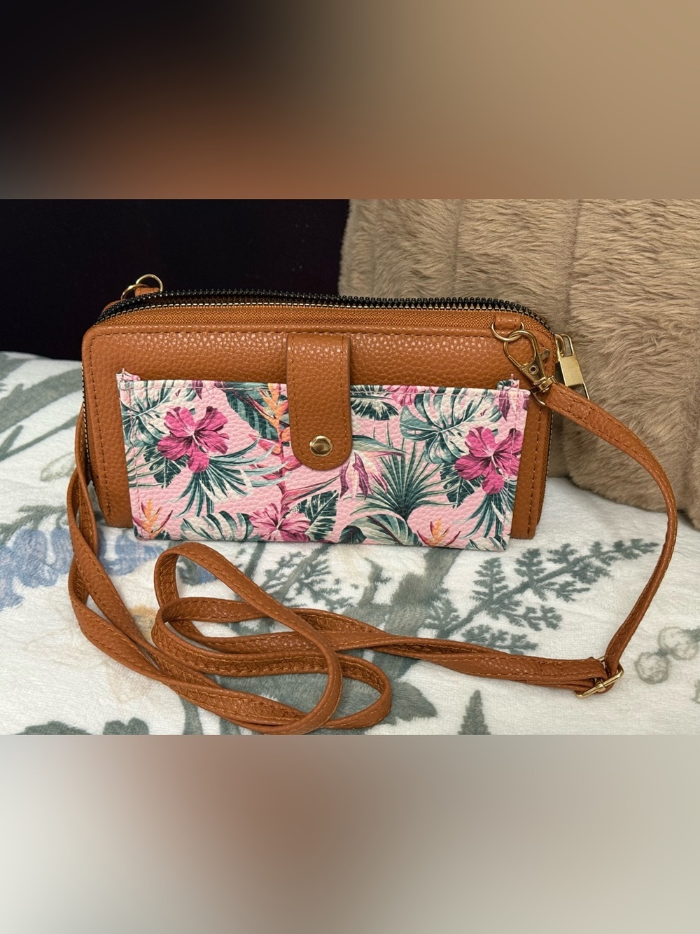 Brown Floral Convertible Crossbody Wallet - Pink Tropical Print